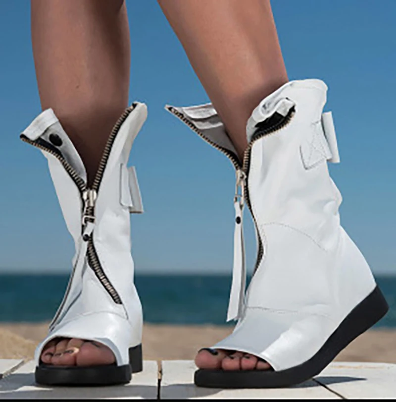 New Cool Cowbloys Sandals Womens Boots PU Open Toe Front Zip Bow Platform Vintage West Knight Ladies Shoes Walking Ridding Boots