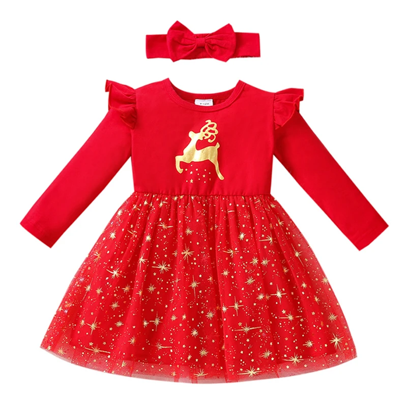 

New Kids Baby Girl Dress with Elk Star Patterns Birthday Dresses Long Sleeve Dress + Headwear for Spring Fall Newborn to 3 Years