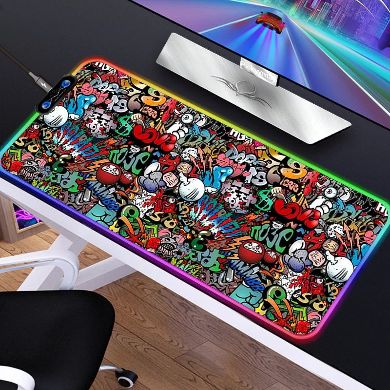 

90X40CM Graffiti Cool Computer Gaming Mouse Pad RGB XXL Large Rubber Mousepad Laptop LED Notebook Keyboard Mat For LOL Gifts