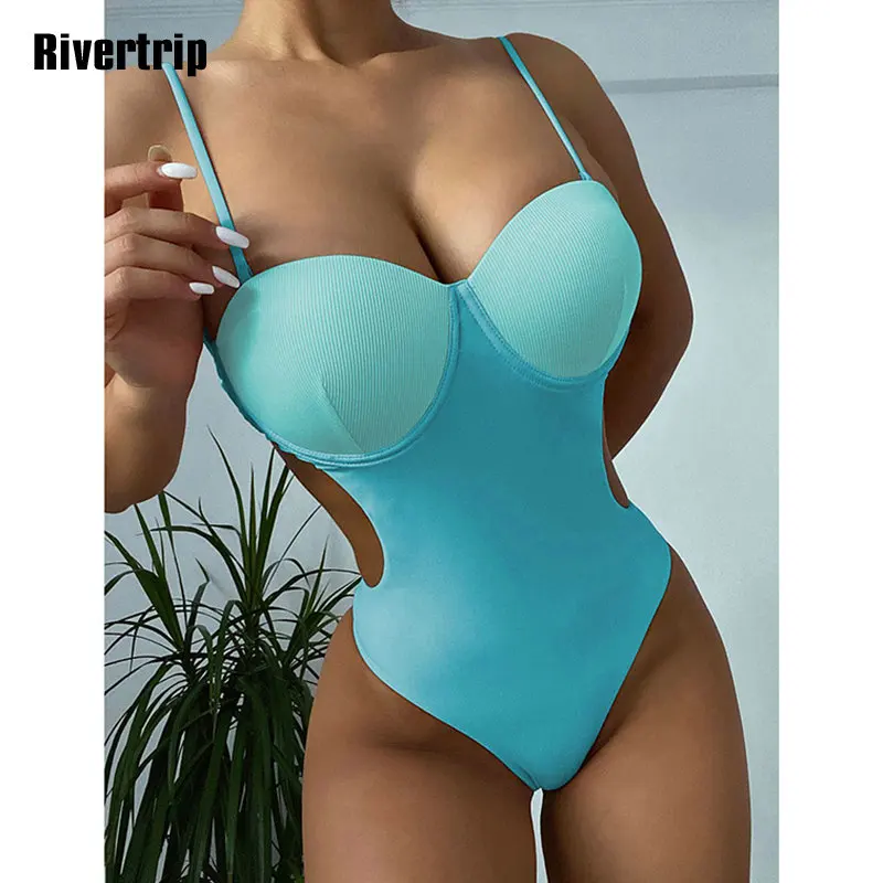 

Слитный купальник пуш-ап Rivertrip, женский купальник в рубчик, новинка 2022, сексуальный Однотонный женский купальник-монокини, купальный костюм ...
