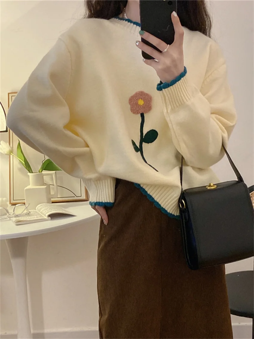 

Alien Kitty Steric Flowers Pullovers Gentle Sweaters Women Loose Sweet New 2022 OL Slim Autumn Chic Casual All Match Knitted