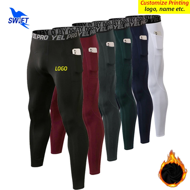 2022 Winter Warm Fleece Liner Running Tights Men with Pockets Compression Sports GYM Fitness Pants Quick Dry Leggings Customize