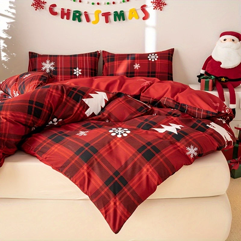 Праздничный Рождественский комплект пододеяльников в клетку с 2 наволочками