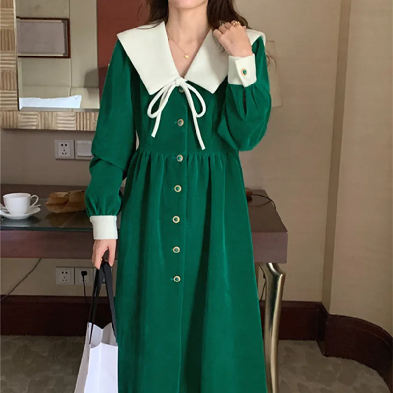 

Spring Vintage Dress Women's Fashion 2022 New Elegant Navy Collar Dress College Style Green Velvet Party Dress Vestidos Dresses