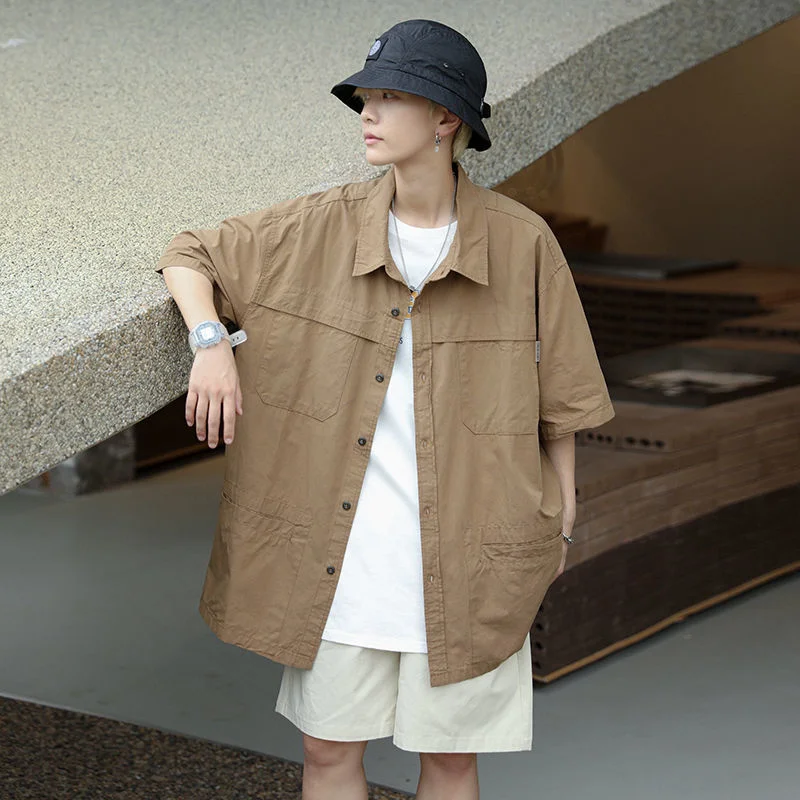 Summer Cotton Short Sleeve Shirts Men's Fashion Retro Pocket Casual Shirts Mens Japanese Streetwear Loose Workwear Shirts Men