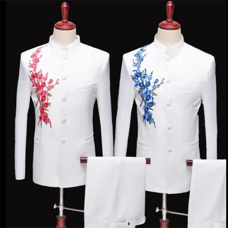 Blazer Men Chinese Tunic Suit Set With Pants Wedding Embroidery Costume Singer Star Style Stage Clothing Formal Dress