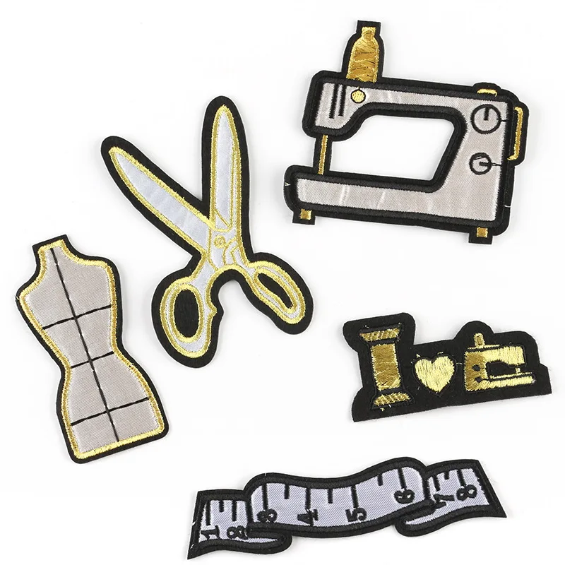 

Garment Design Iron on Patches Sewing Machine Embroidered Badge Scissor Tape Appliques Tailor Tools Set Thermo Adhesive Stickers