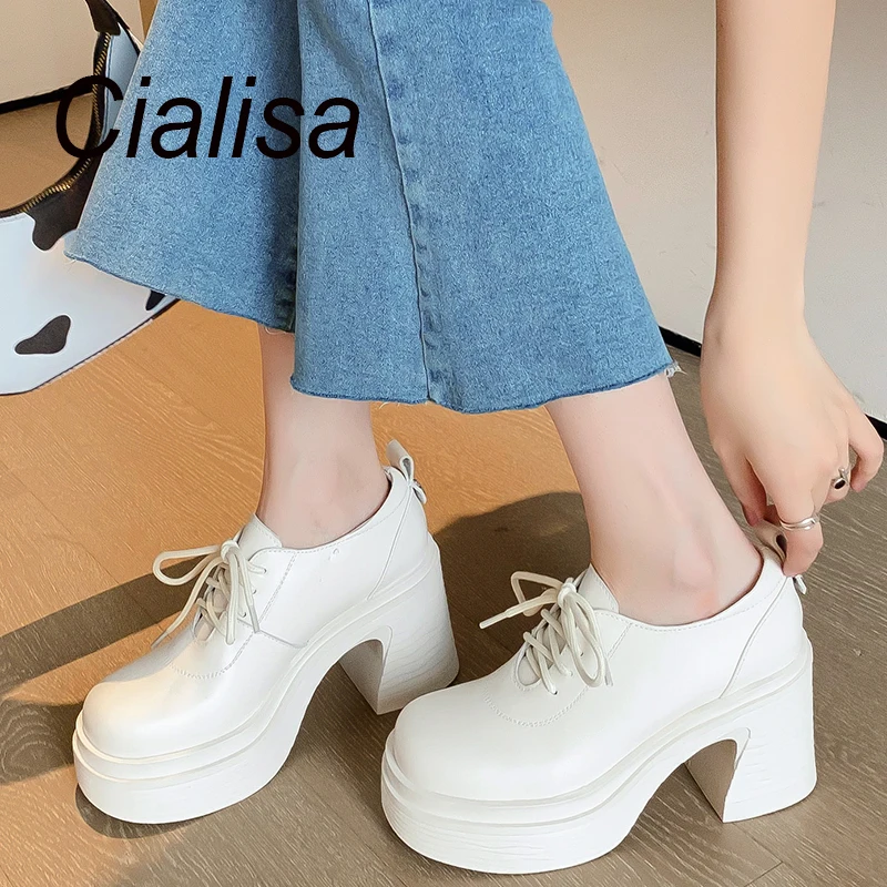 

Туфли Cialisa женские из натуральной кожи, выразительная повседневная обувь на платформе, на толстом каблуке, с перекрестной шнуровкой, ручная работа, размеры 40, коричневые, весна-осень