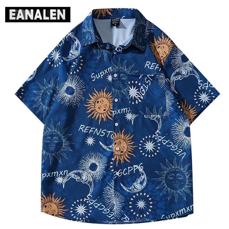 

Cosmic Sun Print Button Social Shirt Men Hawaiian Y2K Punk Harajuku Vintage Fashion Oversized Beach Short Sleeve Shirt Women