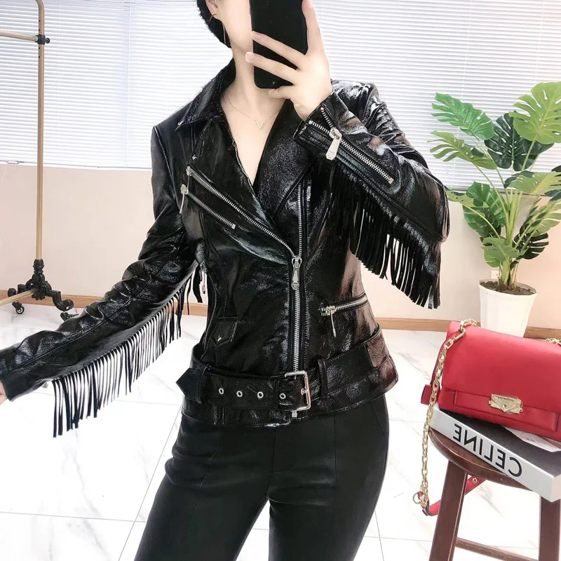 

Aurora Women Coat Spring Import Sheepskin Jacket Tasseled Locomotive Model Style 2023 New Arrival Turn-Down Collar
