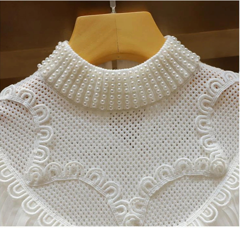 

Женский вязаный свитер с бусинами, элегантный белый пуловер в винтажном стиле с оборками и рукавами-фонариками на осень