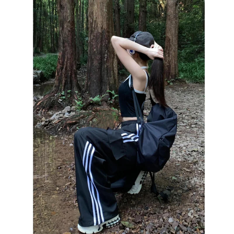 

MEXZT Striped Sweatpants Women Hip Hop Streetwear Baggy Wide Leg Cargo Pants Bf Y2K High Waist Drawstring Joggers Trousers