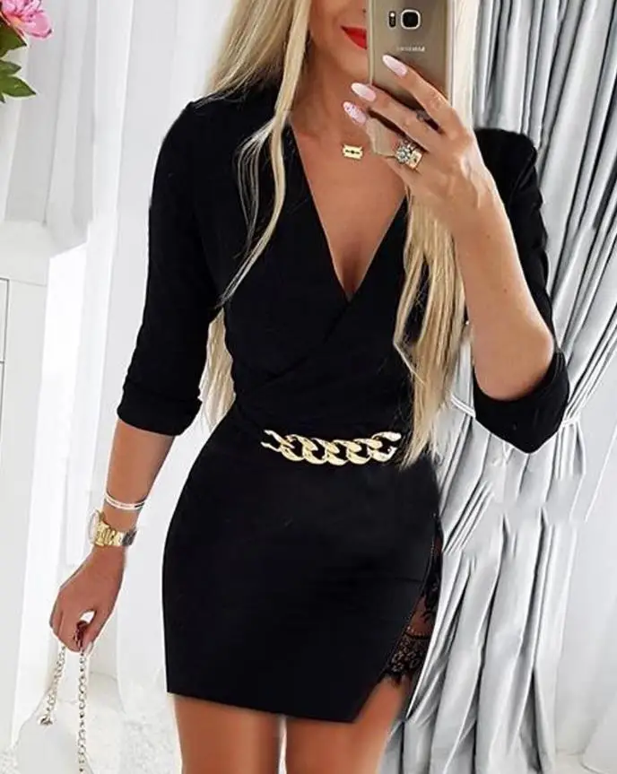 

Dresses for Women 2022 Elegant Sexy Contrast Lace Chain Decor Long Sleeve Work Mini Pencil Slim Skinny Dress