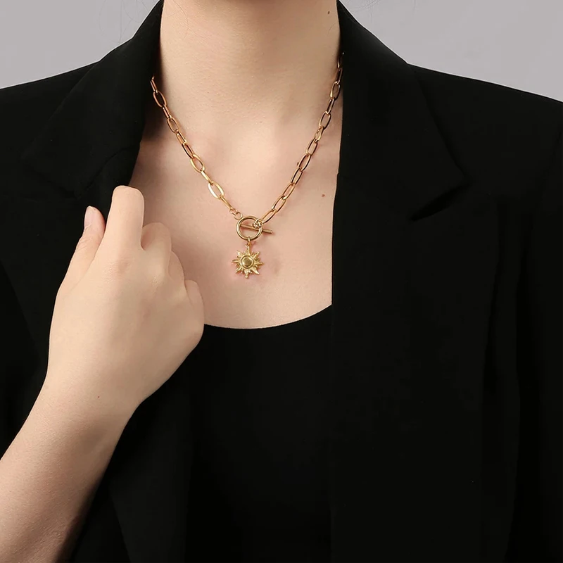 

Women's Gold Sun Toggle Clasp Necklace Stainless Steel Sun Necklace For Women Metal Sun Pendant Necklace Long Choker