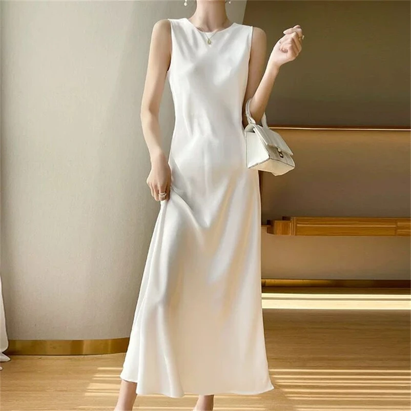 

Women O-Neck Satin Dress 2023 New Women's High Quality Solid Color Tank Long Dress Summer Slim Elegant Dress Party Vestidos