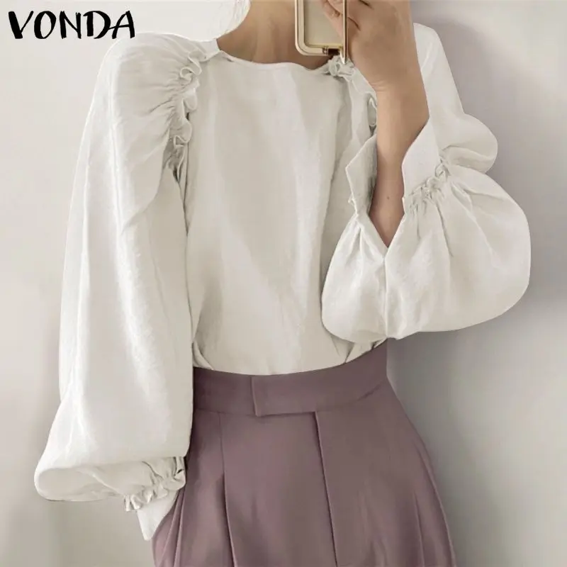

VONDA Осенняя Женская однотонная блузка, Женская богемная рубашка с длинным рукавом и круглым вырезом, топы, Женская Повседневная Свободная ш...