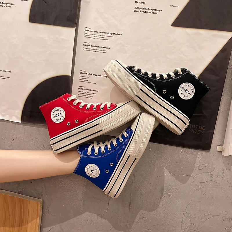 

Женские холщовые туфли с высоким берцем, Новинка осени 2022, стильная дышащая обувь на толстой подошве со шнуровкой, женская обувь на платформ...