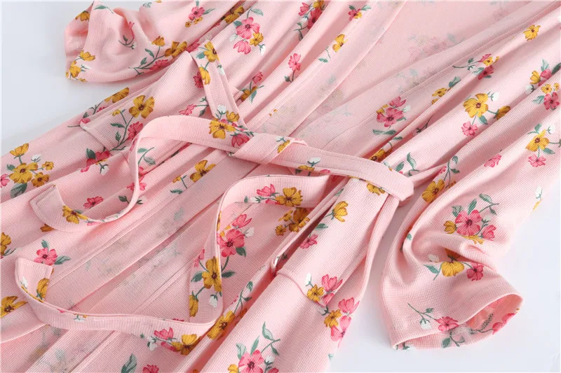 spring and autumn cotton waffle kimono bride bathrobe and night gown home wear women flower print sashes house robe for women free global shipping