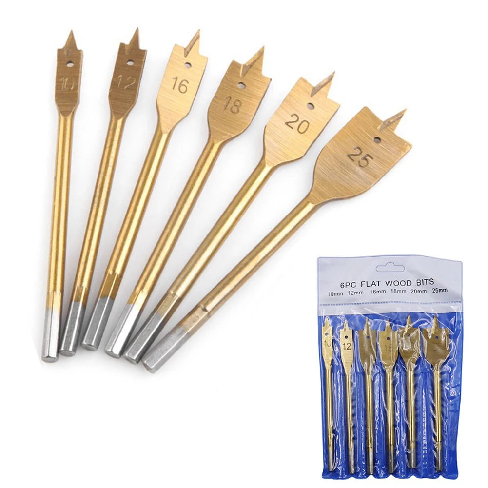 

Flat Wood Drill Bit Bench Hand Drill. Hex Shaped Shank 10-25 Mm 150mm 6Pcs Gold Good HCS For Wood Timber Drilling