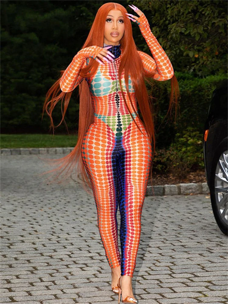 

Yesikey New Women's Bodysuit High Street Fashion High Neck Long Sleeve Print Bodysuit Speckled Contrast High Waist Jumpsuit