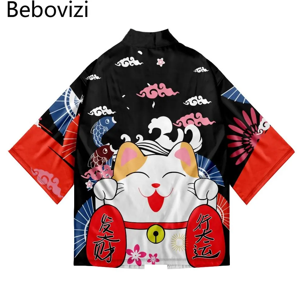 

Женская рубашка с рисунком с изображением из мультфильма Lucky Cat, традиционное кимоно, мужское японское уличное платье, кардиган, юката, косплей размера плюс