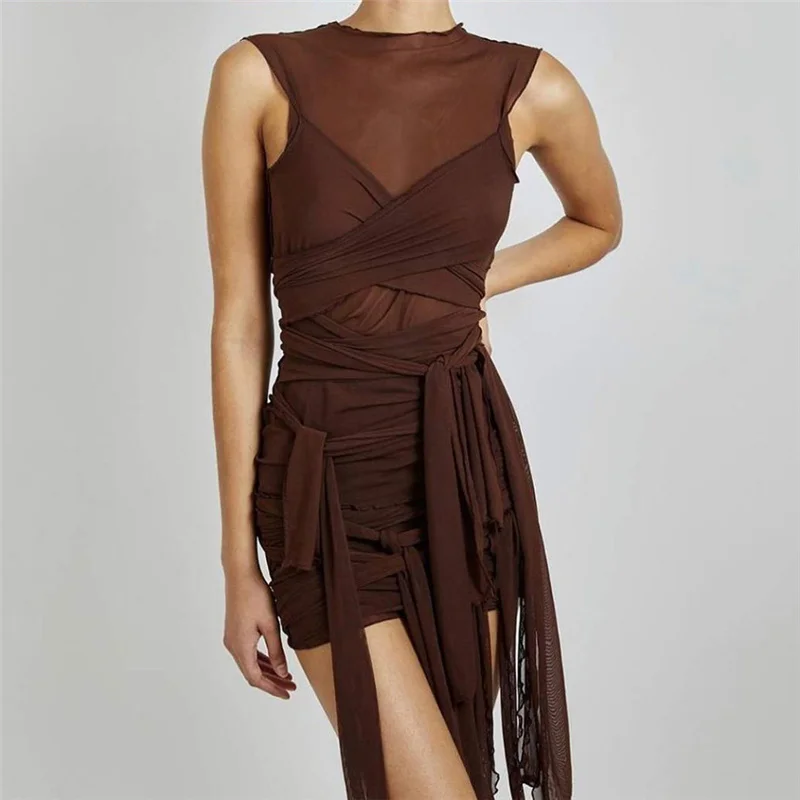 

Sexy O Neck Sleeveless Dresses for Women 2022 Black Mesh Clear Sexy Backless Bandage Bodycon Mini Dress Night Club Outfits