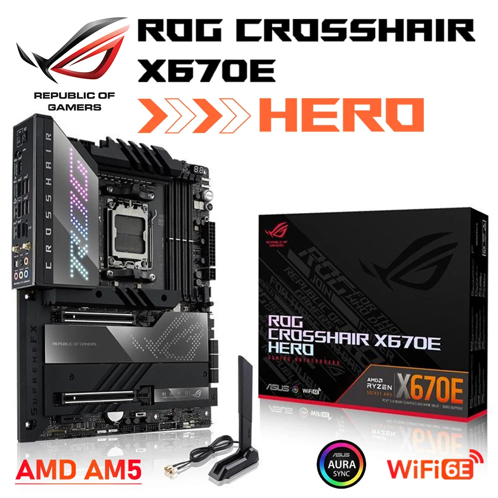 

ASUS WIFI DDR5 материнская плата ROG CROSSHAIR X670E HERO разъем AM5 для AMD Ryzen 7000 серии R3 R5 R7 R9 ЦП PCI 5,0 M.2 ATX 128G Новинка DDR5 MAX 6400 МГц O.C Bluetooth v5.3 Новый AMD X670E