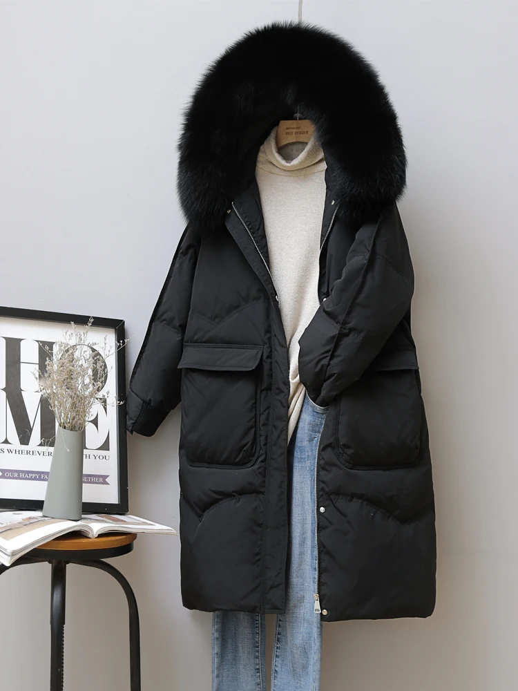 New Women Fox Fur Collar Long Down Jacket Casual Style Autumn Winter Coats And Parkas Female Outwear