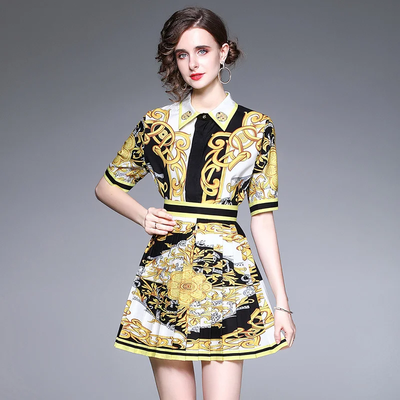 

Golden Floral Print Women Skirts Suits Two Piece Dress Sets