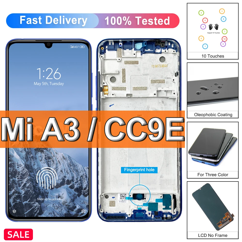 Оригинальный ЖК-дисплей для Xiaomi Mi A3, сенсорный экран со сканером отпечатков пальцев в сборе для MiA3, Xiaomi A3, Xiaomi cc9e, сменный экран