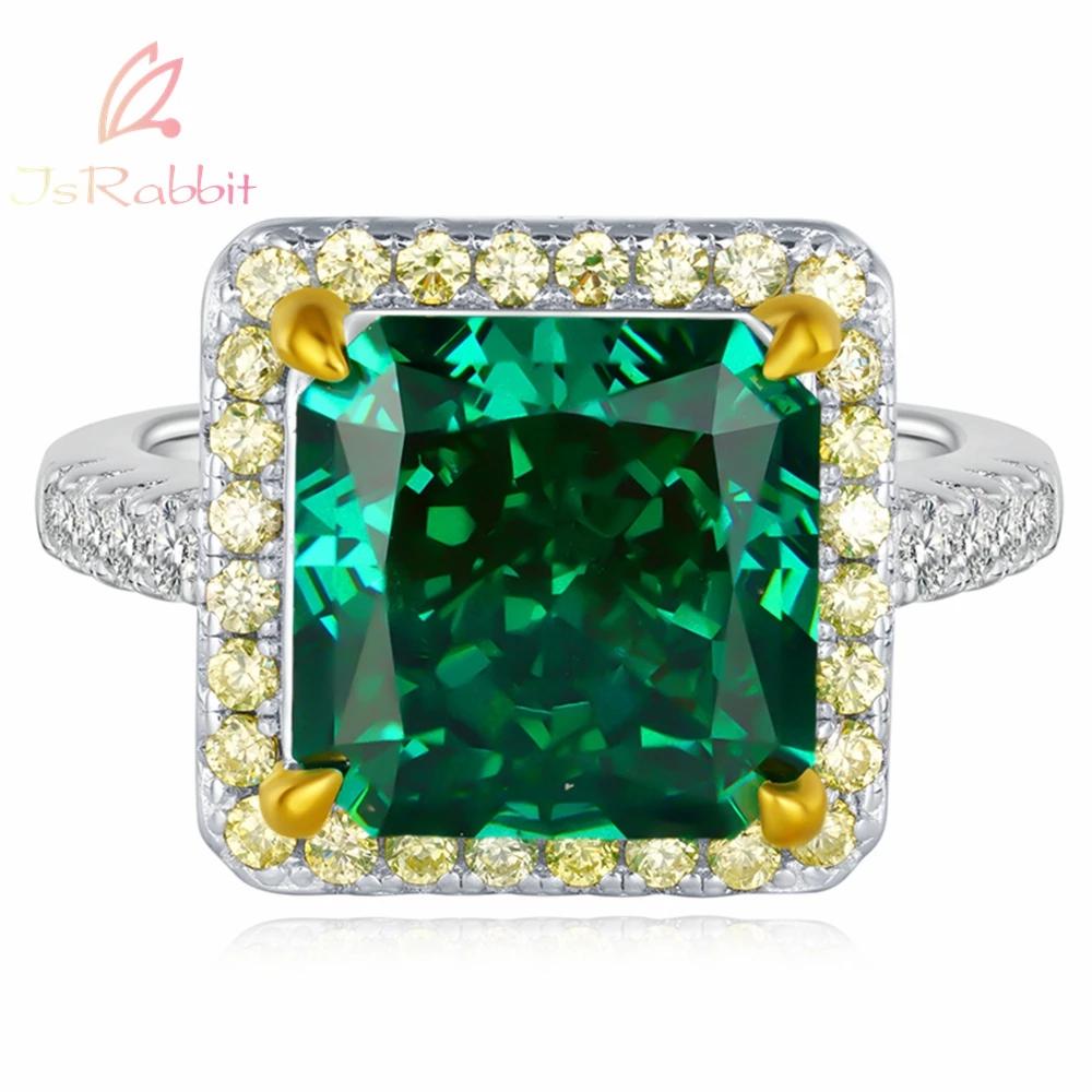 

IsRabbit 18K Gold Plated Radiant Cut 10MM Created Emerald Muzo Green Party Rings 925 Sterling Silver Luxury Jewelry DropShipping