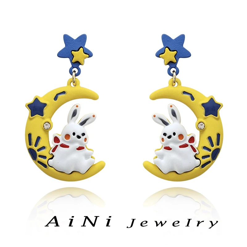 

Fashion Jewelry 925 Silver Needle Cartoon Rabbit Lovely Jewelry Star Moon Earrings Alloy Crystal Earrings For Women Party Gifts