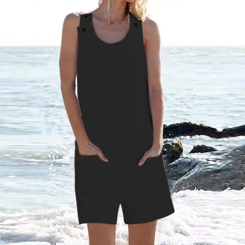 Women's Backless Loose High Waist Sleeveless Camisole Jumpsuits 2023 Summer Playsuit Romper Solid Color Short Jumpsuit Ladies