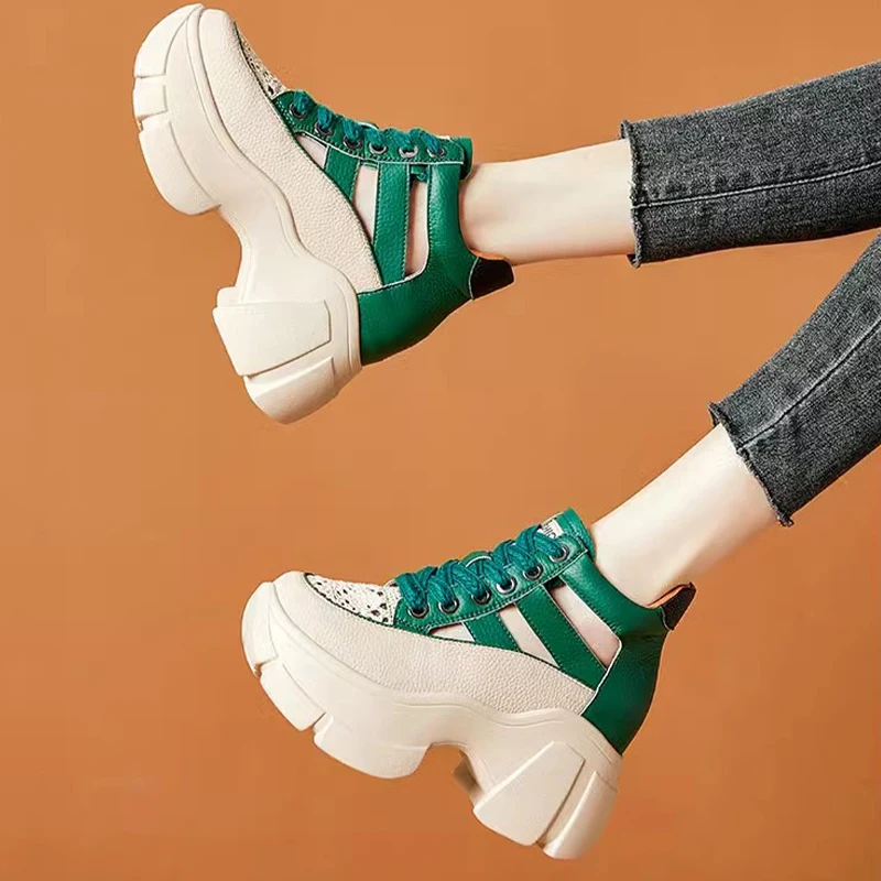8.5cm Chunky Sneakers Genuine Leather Slides Hollow Women Summer Ankle Vulcanize Platform Sandals Wedge Breathable Female Shoes