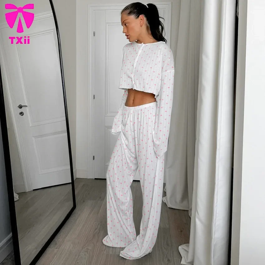 TXii Новые вязаные длинные брюки с длинными рукавами и принтом Love ночное белье для