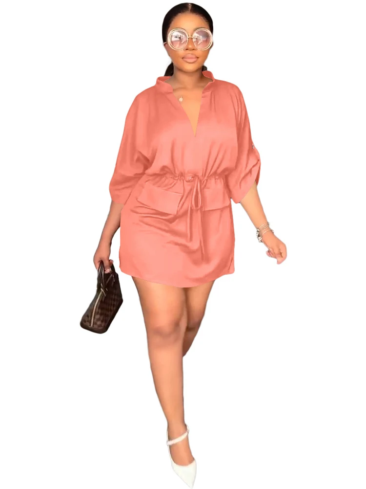 

African Short Dress Women Drawstring High Waist V Neck Ropa Mujer Summer Fashion Solid Streetwear Dashiki African Clothing Dress