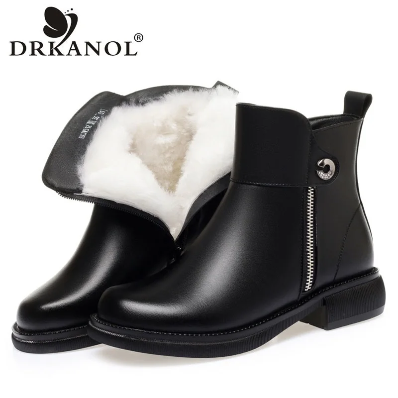

DRKANOL размера плюс 41 42 женские зимние ботинки с боковой молнией из воловьей кожи зимние теплые шерстяные ботильоны для женщин повседневные м...