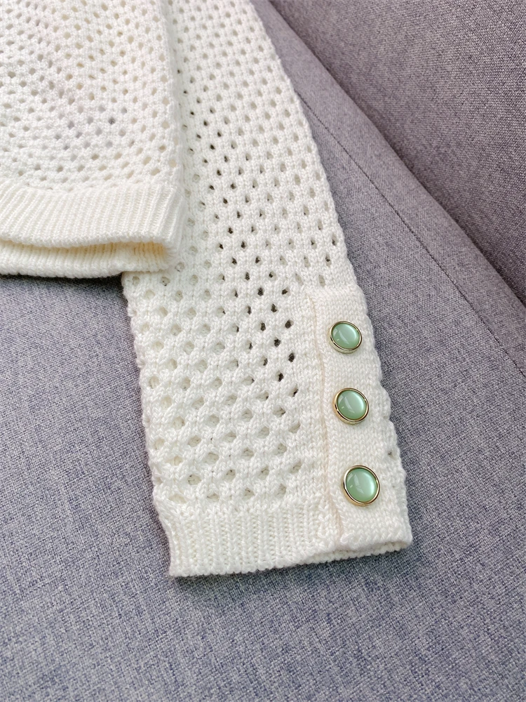 Женский вязаный кардиган хлопковый ажурный с круглым вырезом и пуговицами