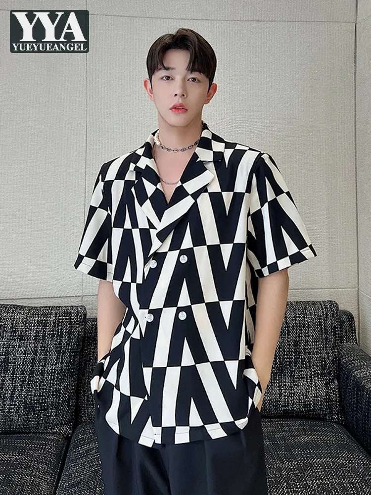 

Design V-Neck Printing Short Sleeve Shirts Men Spring Summer Square Collar Double Breasted Shirts Black Tops Male M-XL