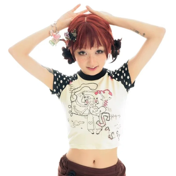 

Американская винтажная волнистая футболка с коротким рукавом, летний кроп-топ для E-Girl, облегающая футболка Y2k, гранж, женские топы с принтом и круглым вырезом