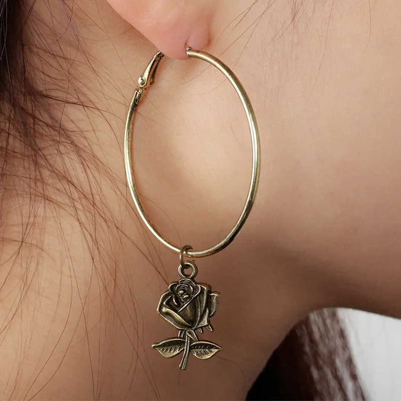 

Retro large Hoop Earrings Rose Drop earrings Antique silver/bronze two colors Hoops earrings Personalized Jewelry Ear rings