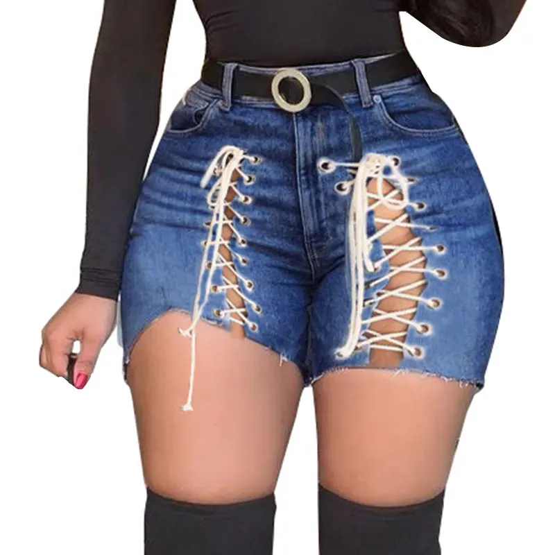 Sexy Lace-up Cutout Denim Shorts for Summer Women's High Waist Ripped Tassel Short Jeans Lace Lace Hot High Waisted Jeans Pants