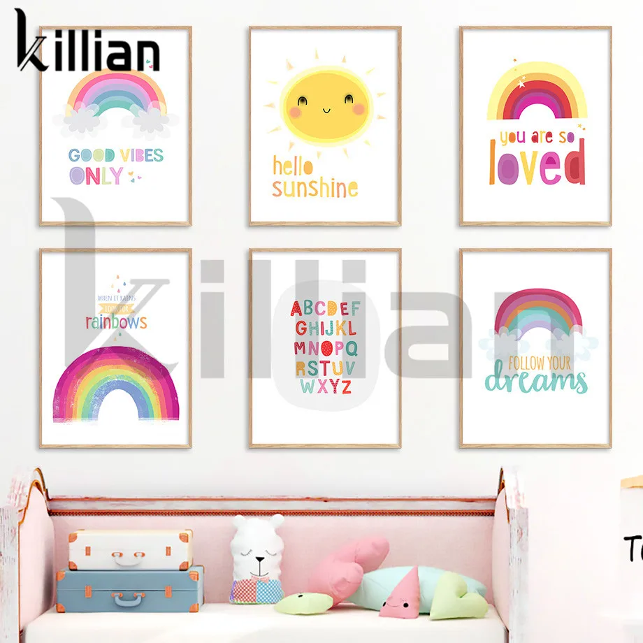 

Cartoon Rainbows Sun Alphabet Follow Your Dreams Quotes Canvas Painting Wall Art Pictures Posters Print for Kids Baby Room Decor