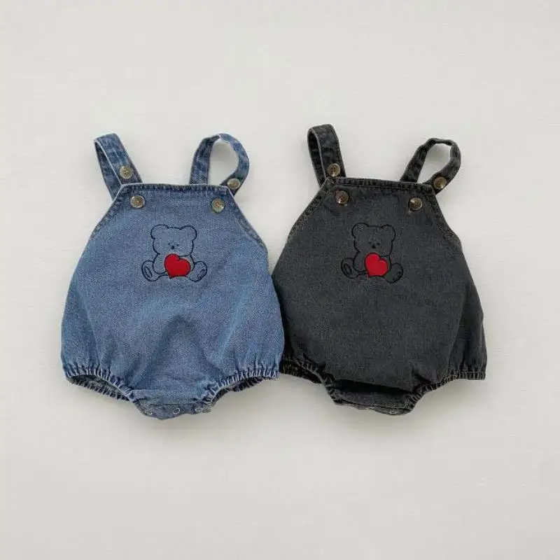 

0-3y Boy Fashion Sling Denim Bodysuit Autumn All-match Cartoon Bear Sleeveless Jumpsuit Girl Simple Outfits One Piece