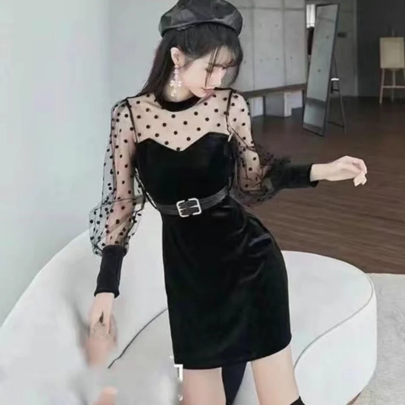 

Сексуальное вечернее черное облегающее бархатное Сетчатое платье-карандаш, Осеннее рождественское платье, элегантное женское платье-мини,...