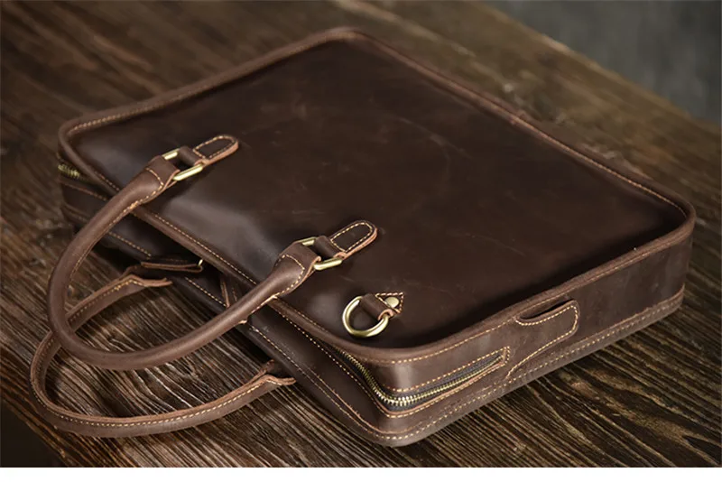 Simple vintage genuine leather men's women's briefcase crazy horse cowhide work handbag business laptop shoulder messenger bag