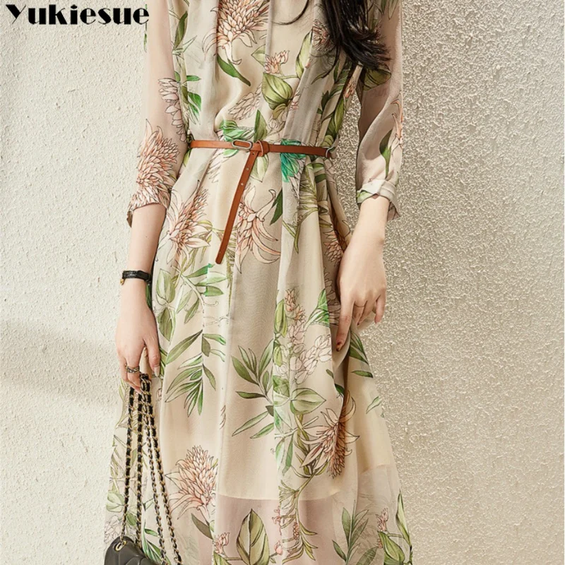 Женское шифоновое платье средней длины, элегантное платье с принтом и поясом в Корейском стиле, лето 2023