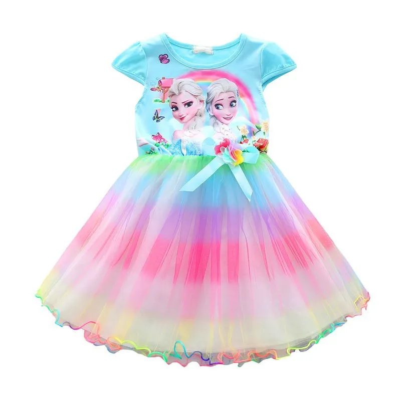 

Girls Elsa Princess Dress Summer Dress 2022 Little Girl Casual Frozen Short Sleeve Rainbow Dresses Kids Flower Bow Party Clothes