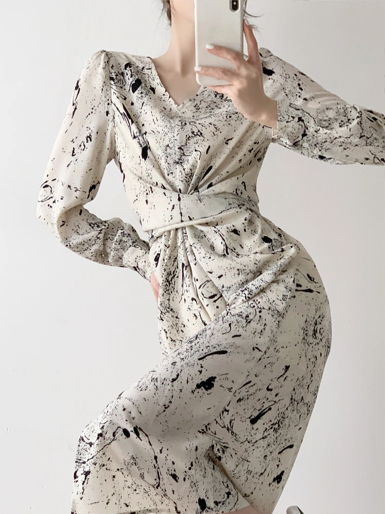 

Bornladies Fashion Elegant V-neck Long Sleeve Women Printed Dress 2022 Spring Summer Slim Waist Lace-up Female Split Midi Dress