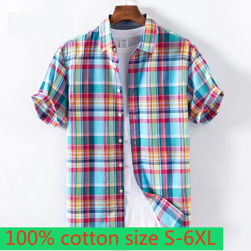 

Baru Kaus Kasual Longgar Kotak-kotak Tampan Katun 100% Pria Semi Musim Panas Lengan Pendek Fashion Ukuran Besar M